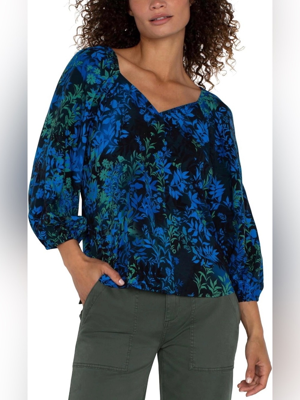 Liverpool Los Angeles Blue Topaz 3/4 Sleeve Sweetheart Neck Floral Blouse Size S